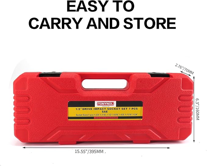 1/2 Inch Drive Deep Impact Socket Set, 6-Point, SAE(1/2 Drive 1-3/8"to1-3/4"), 7 PCS, Cr-Mo, Heavy Duty Impact Socket Set, with a strong case