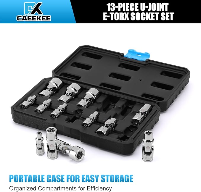 1/4" & 3/8" Drive Universal External Star Socket Set, 13-Piece Universal Joint External Torx Socket Set, CR-V, Storage Case