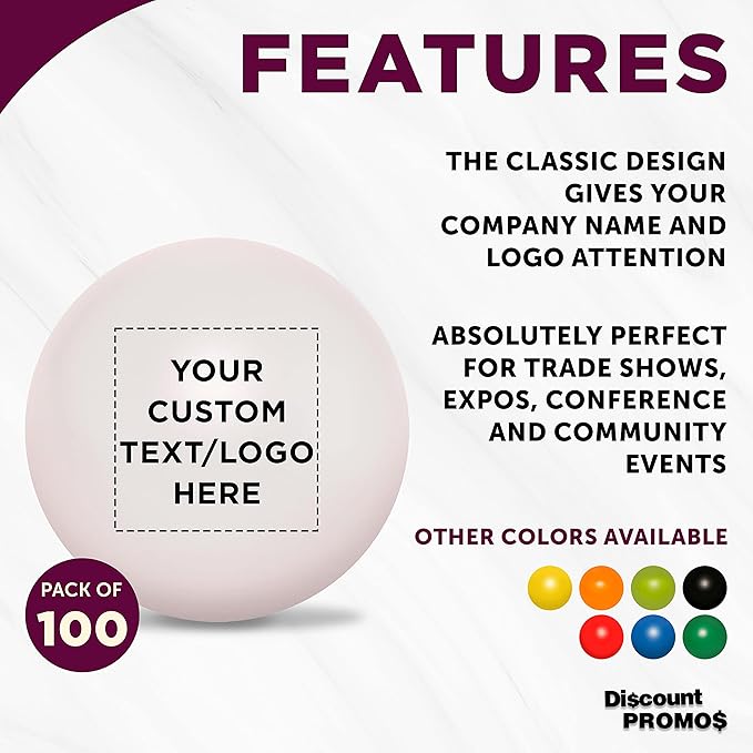 Custom Stress Balls for Adults, 100 Pack, Personalized Text, Logo, Hand Exercise, Perfect for Your Desk, Office, or Home, White