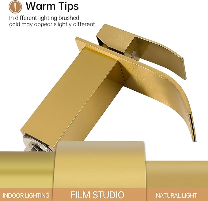 FRANSITON Brushed Gold Waterfall Bathroom Faucet Lavatory Single Handle 1 or 3 Hole Bathroom Sink Faucet with Deck and Pop-up Drain (Brushed Gold, Short)