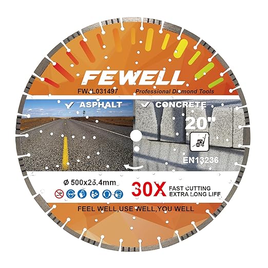 FEWELL 20" Concrete Diamond Saw Blade,Asphalt Diamond Blade Multi-Purpose for Cutting Hard Reinforced Concrete Asphalt Masonry Stone Terrazzo, Laser-Welded Segmented, 1"-20mm Arbor