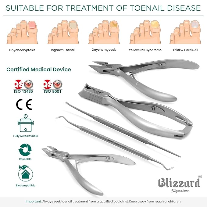 Podiatry Tool Kit by Blizzard ??5 Piece Set with Concave Arrow and Flame Toenail Nippers, Blacks File and Probe - German Forged Instruments - Hospital Grade