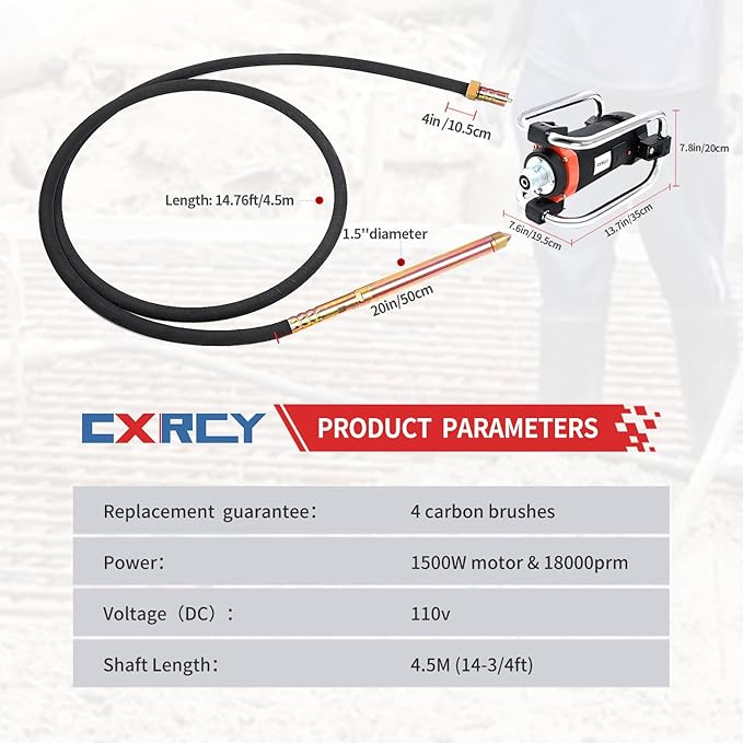 CXRCY Concrete Vibrator 1500W 2HP 18000RPM Powerful Copper Motor, 4.5M (14-3/4ft) Long Flexible Shaft, Electric Concrete Vibrator Handheld for Removing Air Bubbles & Smoothing