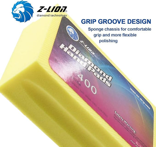 Z-Lion Diamond Hand Polishing Pads Electroplated Grinding Pads Foam-Back Block for Glass Stone Concrete Marble Tiles Grit 400