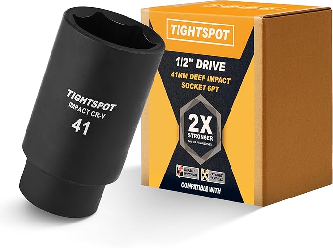 TIGHTSPOT 1/2 Inch Drive 41 mm Deep Impact Socket with Anti-Rounding 6 Point Design, Heat-Treated CRV Steel