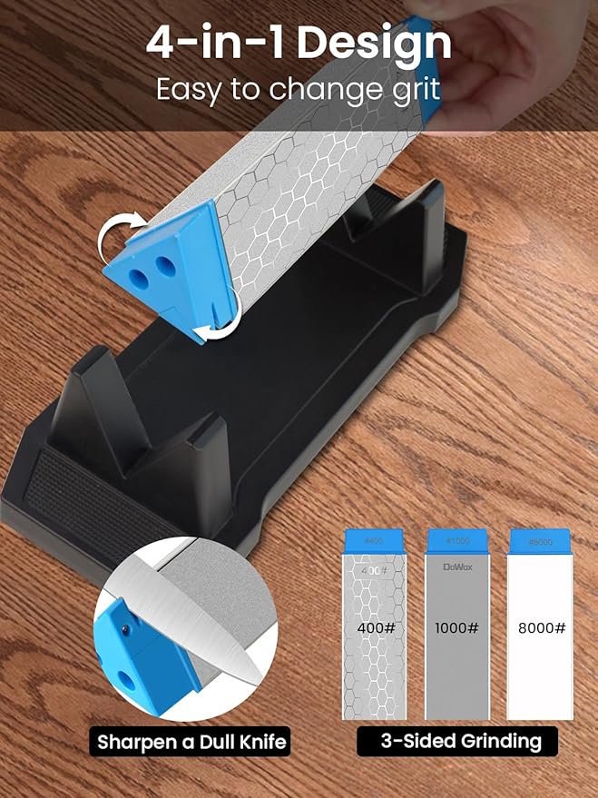 Diamond Sharpening Stone Kit, 3 Side Grit 400/1000/8000 Knife Sharpener for Sharp Blade, Premium Diamond & Ceramic Whetstone with Angle Guide, Non-Slip Base & Leather Strop