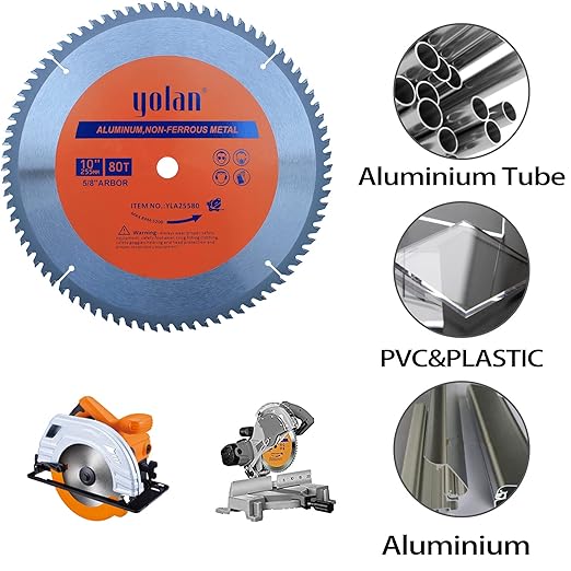 Yolan 10-Inch 80 Teeth Circular Saw Blade for Cutting Aluminum, with 5/8-Inch Arbor, Table Saw Accessories,Polished Mitersaw Blade Silver