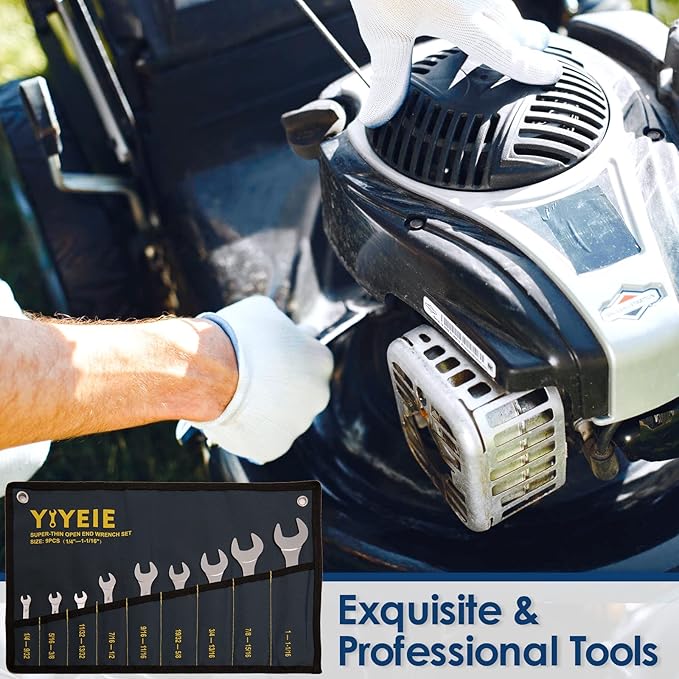YIYEIE Super-Thin Open End Wrench Set, 9-Piece SAE, 1/4" to 1-1/16", Chrome Vanadium Steel With Mirror Polish, Ultra-Slim Wrench Set with Rolling Pouch