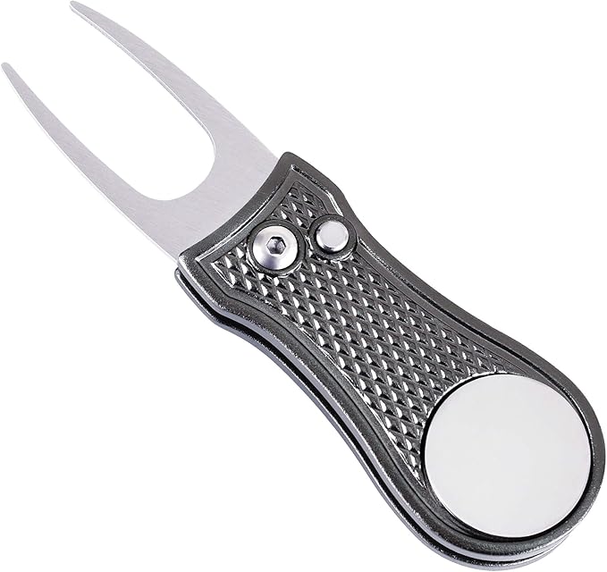 Mile High Life Golf Divot Repair Tool, All Metal Foldable Divot Tool with Pop-up Button & Magnetic Ball Marker