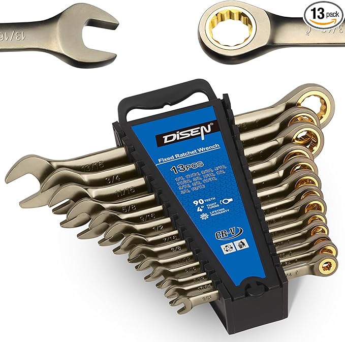 DISEN 13pcs 90 Teeth Ratcheting Wrench Set, Fixed Head SAE Combination Ratchet Wrenches Set 1/4 Inch - 13/16 inch, Nickel Plating Cr-V Constructed with Organizer
