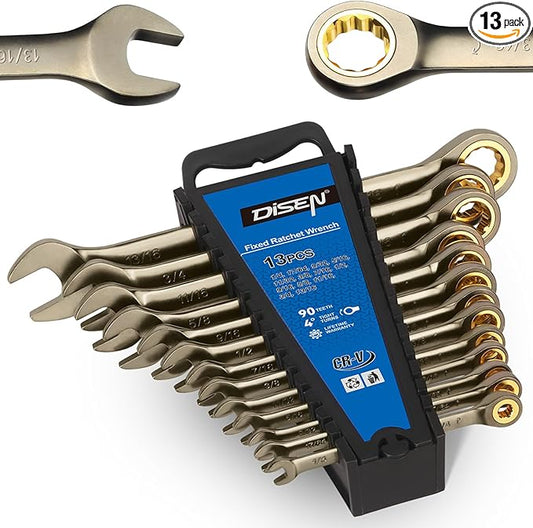 DISEN 13pcs 90 Teeth Ratcheting Wrench Set, Fixed Head SAE Combination Ratchet Wrenches Set 1/4 Inch - 13/16 inch, Nickel Plating Cr-V Constructed with Organizer