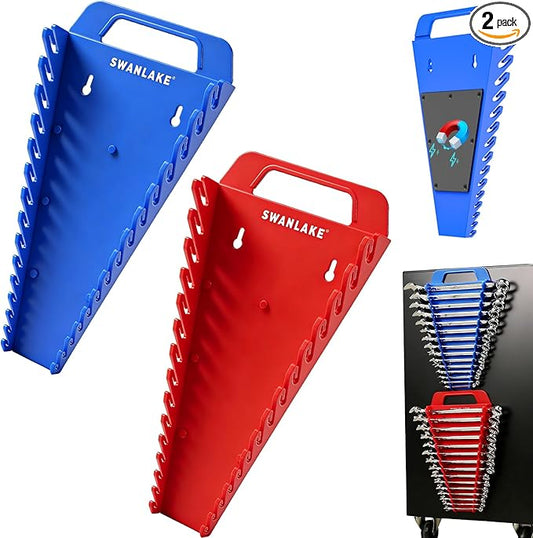 SWANLAKE Magnetic Wrench Organizer Toolbox Holder, 2-Pack SAE (1/4'' to 1-1/16''), Metric (6mm to 27mm) Ratchet Wrench Organizers, Total Hold 30 Slots Wrench Holders for Tool Box