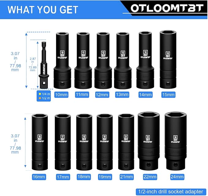 14-Piece 1/2-Inch Super-Rugged and Durable Impact Socket Set, Well-Made Industrial Grade Thicker Metric Deep Sockets & Socket Sets with Drill Socket Adapter 1/2 Drive, exceed than ANSI
