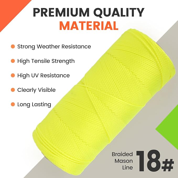 MERIANE Mason Line, 1000 Ft #18 Braided Nylon String Twine, Premium String for Masonry Jobs, Construction, Gardening, Net Making and Mending, DIY Projects, Fluorescent Yellow