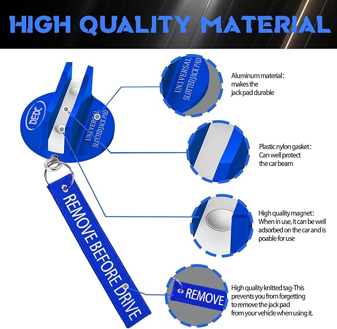 DEDC Universal Pinch Weld Jack Pad 2 Pcs Blue, Magnetic Aluminum Jacking Puck Frame Rail Protecotr with 2 Reminder Streamers, Garage Accessories for Mechanics