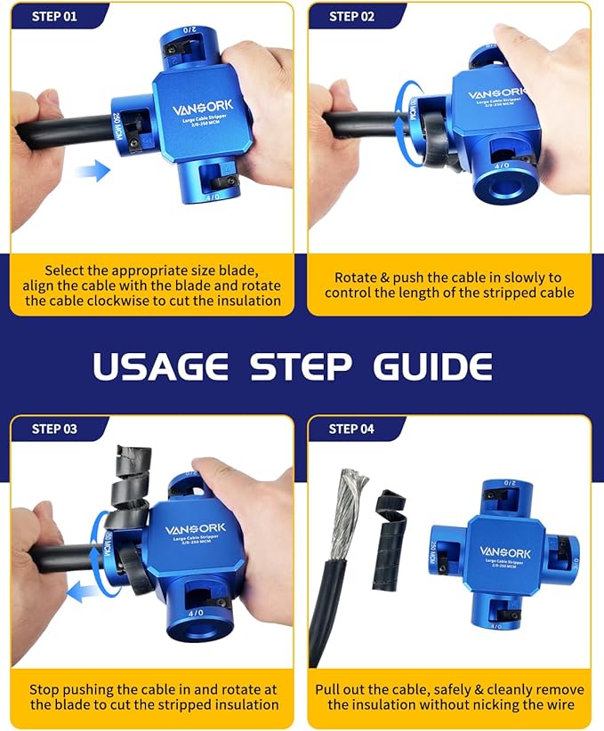VANSORK 10380 Large Cable Stripper (2/0-250 MCM), 4-in-1 Clover Design Heavy-duty Cable Stripping and Cutting tool, Large Gauge Wire Stripper for Thick Cables Big Round Wire Insulation Jacket Removal