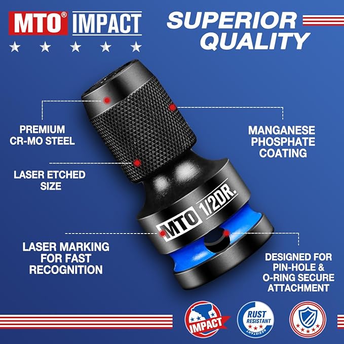 MTO 1/2 3/8 1/4-Inch Square Drive to 1/4-Inch Hex Socket Adapter, 3PCS Quick Release Impact Bit Holder, for Impact Wrench Ratchet, CR-MO