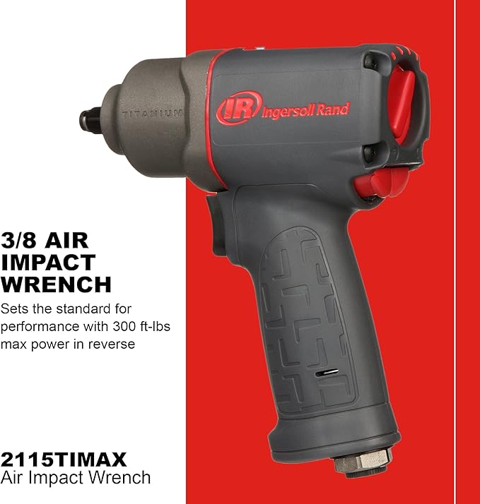 Ingersoll Rand 2115TiMAX 3/8" Air Impact Wrench, 300 ft-lbs Torque, Titanium Hammer Case, Friction Ring Retainer, Pistol