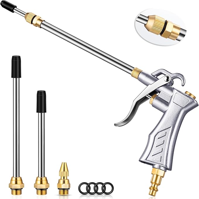 JASTIND Industrial Air Blow Gun with Brass Adjustable Nozzle, 8-14 Inch & 2 Steel Air Flow Extensions, High Volume Air Tool Dust Blower Gun for Air Compressor Attachments