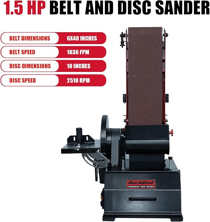 BUCKTOOL Powerful 1-1/2 HP Bench Belt Sander for Wood Working 6 in. x 48 in. Belt and 10 in. Disc Sander BD61000