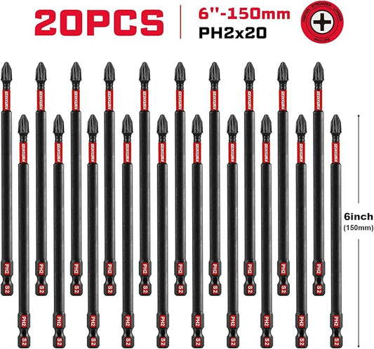 Impact Tough #2 Phillips 6 in. Insert Driver Bits,20Pack Bulk PH2 Screwdriver Bits Set