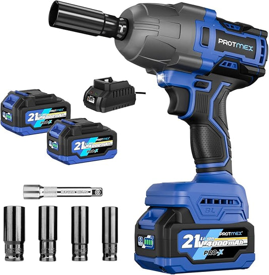 Protmex 900Ft-lbs (1200N.m) Impact Wrench, 1/2" Cordless Impact Gun, 21V High Torque Brushless Impact Driver, 2x4.0Ah Batteries Electric Impact Motor Variable Speeds for Car/Pickup Truck/Mower, Blue