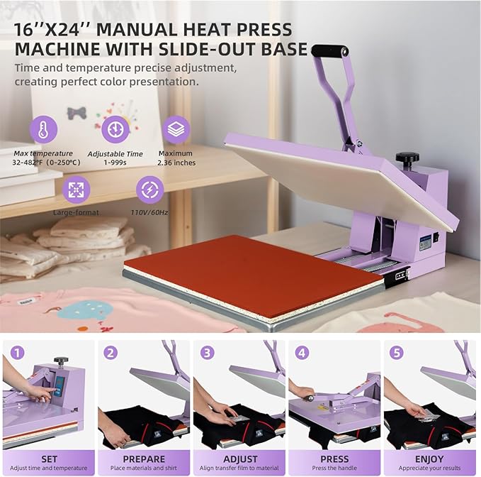 Heat Press 16x24 in, Manual Heat Press Machine for T Shirts, Swing Away T Shirt Pressing Machine for Garments Bag Textile Curtain Mousepad, with Slide-Out Base, Purple