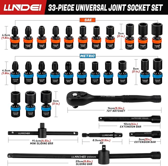 LLNDEI 1/4-Inch Drive Swivel Socket Set, 32 Pieces Standard SAE(5/32 to 9/16") Metric Size(4-15mm) CR-MO Wobble Sockets, 6 Point with Ratchet Wrench Handle, Extension Bars and Adapter