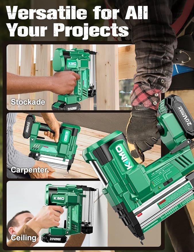 KIMO 2" Brad Nailer Cordless w/ 20V Battery 2.0Ah X 2, 1000pcs Nails and Staples,180 Nails/min, 2 Firing Modes, Adjustable Nailing Depth, 2 in 1 18 Gauge Cordless Nail Gun and Stapler for DIY Project