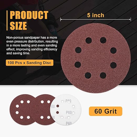 100 Pack 5 Inch Sanding Disc 60 Grit 8 Hole Round Hook and Loop Sandpapers Fit for Orbital Sander Automotive or Cars Repairing, Grinding or Polishing, Red
