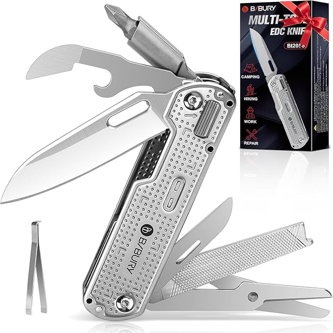 BIBURY Multitool Pocket Knife BI2056, Stainless Steel Multi Tool Knife with Clip, Folding Multitool EDC Knife with Magnetic Locking,Screwdriver,Large Scissors,Glass Breaker for Survival Camping Hiking