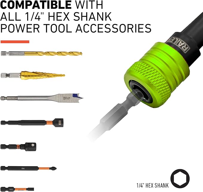 Railer Bit Holder Keychain 5pc - 1/4 inch Hex Shank Bit Holders - Quick Release Bit Holder for Nut Driver, Screwdriver & Drill Bits w/Key Chain Carabiner