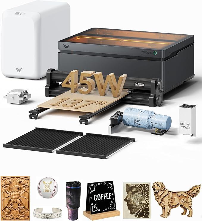 WECREAT Vision Pro 45W Laser Cutter and Engraver Machine, with 2W IR Laser Module, 137??Auto Conveyor Feeder, Fume Extractor, Full Enclosure Laser Engraver for Jewelry Art Designer Small Business