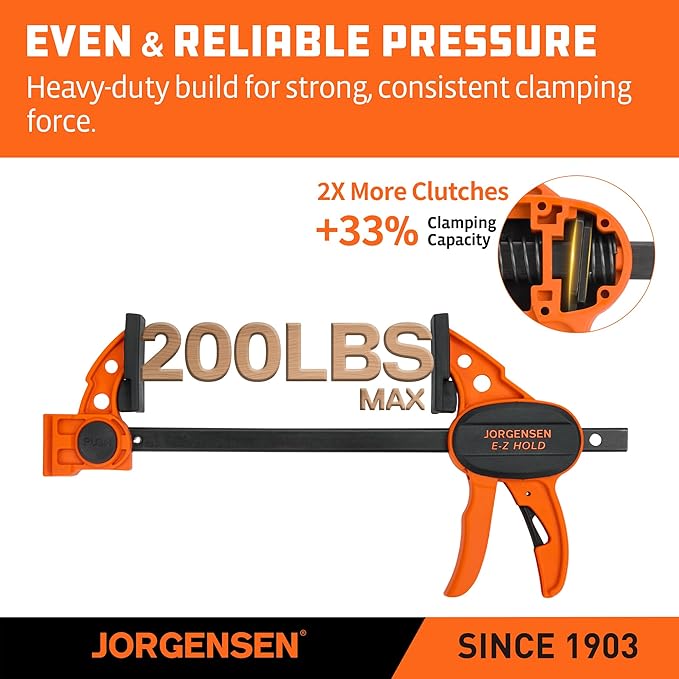 Jorgensen 6" Bar clamps for woodworking - 4-Pack, One-Hand Light Duty E-Z Hold Spreader Clamp, 150 lbs Capacity, Versatile and Easy-to-Use Design