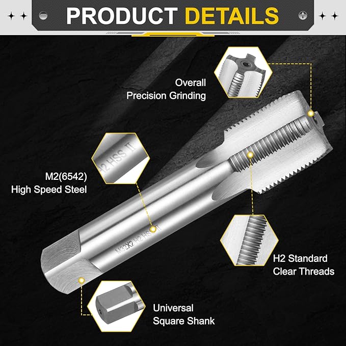 uxcell Hand Plug Tap M32 x 2 H2 Metric Thread Plug Style Taps Straight Flute Screw Tapping Threading Tool High Speed Steel HSS6542