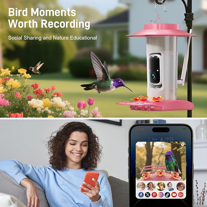 Hummingbird Feeder with Camera Outdoor, SV3C Hanging Bird Feeder with Ant Moat & Bee-Proof, HD 2K Solar Powered, AI Bird Identify, Instant App Alerts, Auto Capture, Hummingbird Lover Gifts, 21oz, Pink