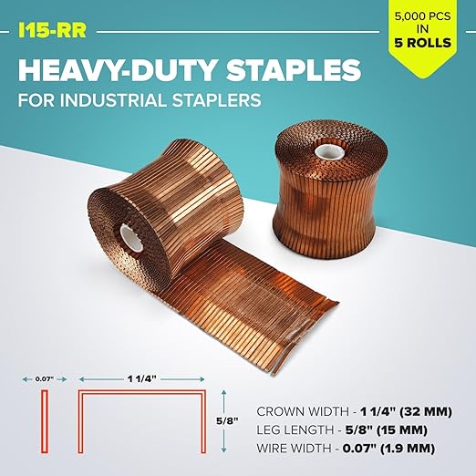 IDL Packaging Heavy Duty Staples Roll - 1 1/4" x 5/8" x 0.07" (5 Boxes, 5000 pcs) - Non-Rusting Stainless Steel - Industrial Staples for Stapler