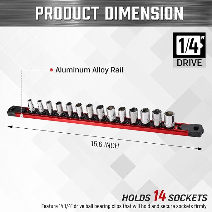 ALOANES 3/8-Inch Drive Magnetic Socket Organizer, Heavy Duty Aluminum Socket Rail Organizer, 360째 Swivel Clips Socket Holder Kit for Tool Box, 3/8-Inch Socket Holder x 14 Clips (Red)