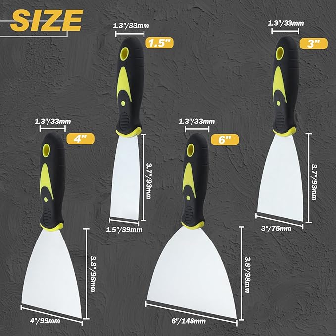 4 Pack Putty Knife Scraper Tool 1.5" 3" 4" 6" Stainless Steel Paint Scraper Spackle Knife Set for Repairing Drywall, Removing Wallpaper, Mud, Plaster Scraping, Drywall Tools Taping Knife Tool