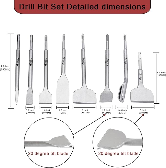 8 pcs SDS Plus Chisel Set, Masonry Concrete Drill Bit Set, Tile Removal Chisel Bits for Rotary Hammer with Point Flat Wide Tile Inclined Grooving Scraping Scaling Chisels