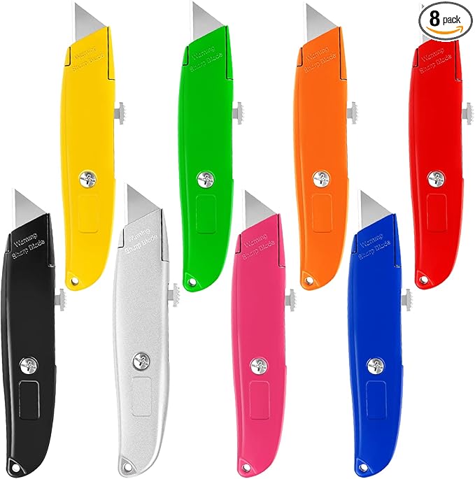DIYSELF 8 Pack Box Cutters, Premium Utility Knife, Box Cutter Retractable Heavy Duty, Box Opener, Razor Blades Utility Knife for Cardboard and Boxes, Pipe Cutter