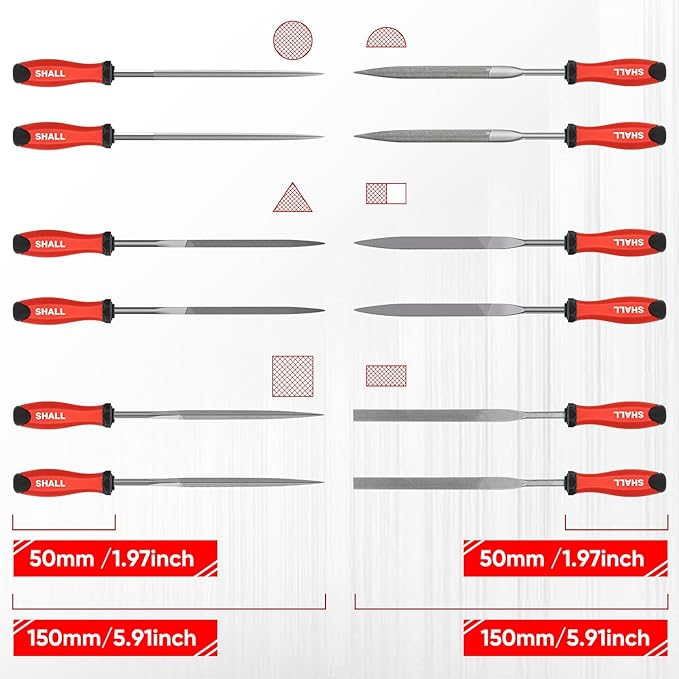 SHALL 17Pcs Metal File Set - Premium Grade T12 Drop Forged Alloy Steel - Flat/Triangle/Half-round/Round Large File & 12pcs Needle Files with Storage Box, Wire Brush - for Metal, Wood & Plastic
