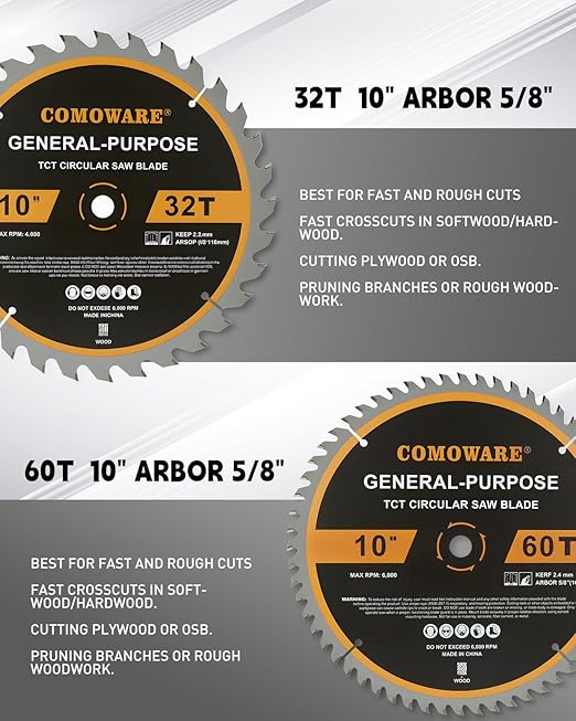 COMOWARE 10 inch Miter Saws Blade, 32T & 60T ATB Circular Saw Blade, 5/8" Arbor, TCT Carbide-Tipped, Anti-Vibration, Teflon Anti-Stick, Miter Saws Blades for Wood, Laminate, Plywood & Hardwoods