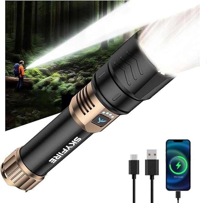 SKYFIRE Rechargeable Flashlights High Lumens,5000mAh Super Bright Flashlight Waterproof Powerful LED Tactical Flash Light for Camping Essentials Outdoor Home&Gifts