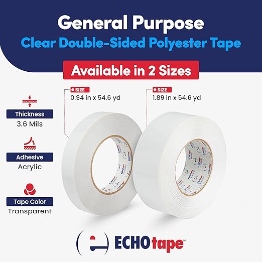 ECHOtape DC-M158A | Double-sided Tape | Double-sided Tape for Lightweight Mounting, Bonding | Thin Double-sided Tape | Clear Double-sided Tape | Indoor/Outdoor Double-sided Tape | 1.89 in x 54.6 yds