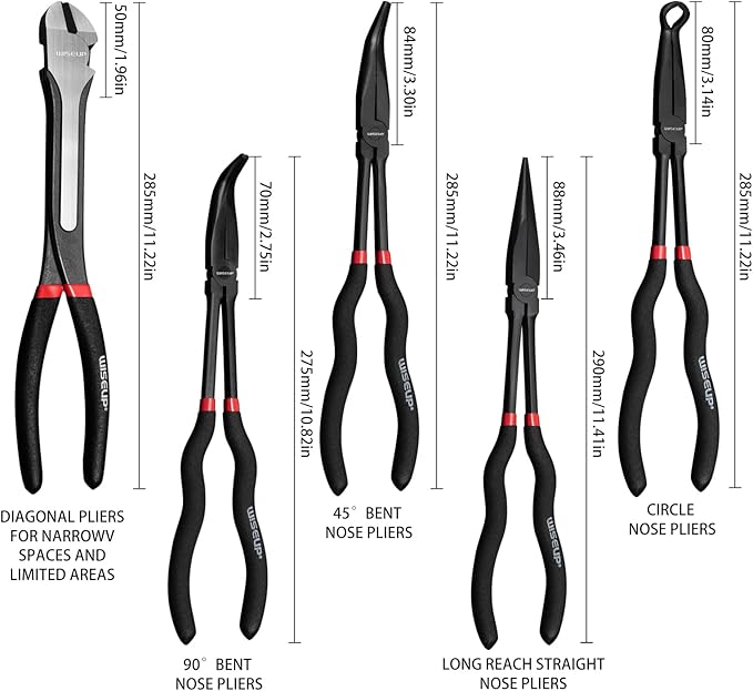 WISEUP 5Pcs Long Needle Nose Pliers Set 竊똏remium Carbon Steel竊?1" Long Reach Straight 竊?5째 Bent Nose 竊?0째 Bent Nose Plier竊똃iagonal Pliers for Narrow Spaces