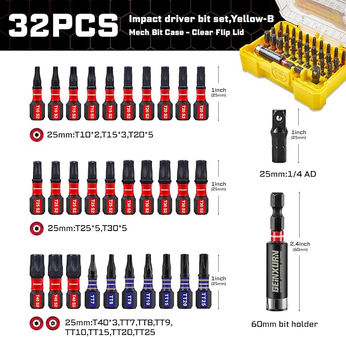 32Pieces Impact Screwdriver Bits Set, S2 Steel Magnetic Torx/Security Torx Muliti Insert Bits Tips Set with Impact Bit Holder and 1/4?쒾ocket Adapter(Yellow Storage Box Case)