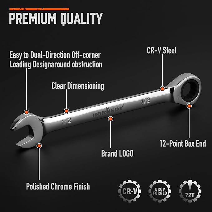 HORUSDY 24-Piece Ratcheting Wrench Set | Metric and SAE | Ratchet Combination Wrenches Set with Organizer | 72-Tooth | Chrome Vanadium Steel | 6-18 mm & 1/4??to 3/4??(24-Piece)
