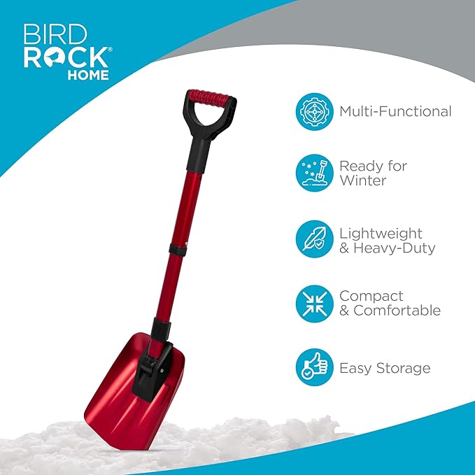 34??Folding Emergency Snow Shovel ??Rugged Compact Tool for Car, Snowmobiles, or ATV ??Compact Winter Survival Gear - Skiing Camping Mud Avalanche - Collapsible Multifunctional - Red