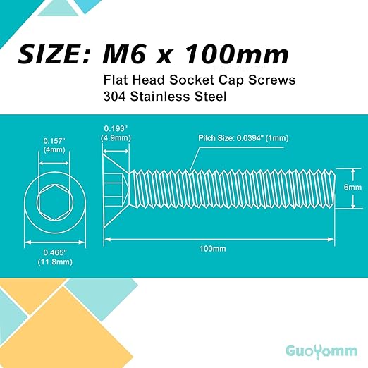 M6-1.0 x 100mm 10PCS Flat Head Hex Socket Cap Screws, Countersunk Bolts, Stainless Steel 304, Metric Allen Drive, Fully Threaded, Bright Finish
